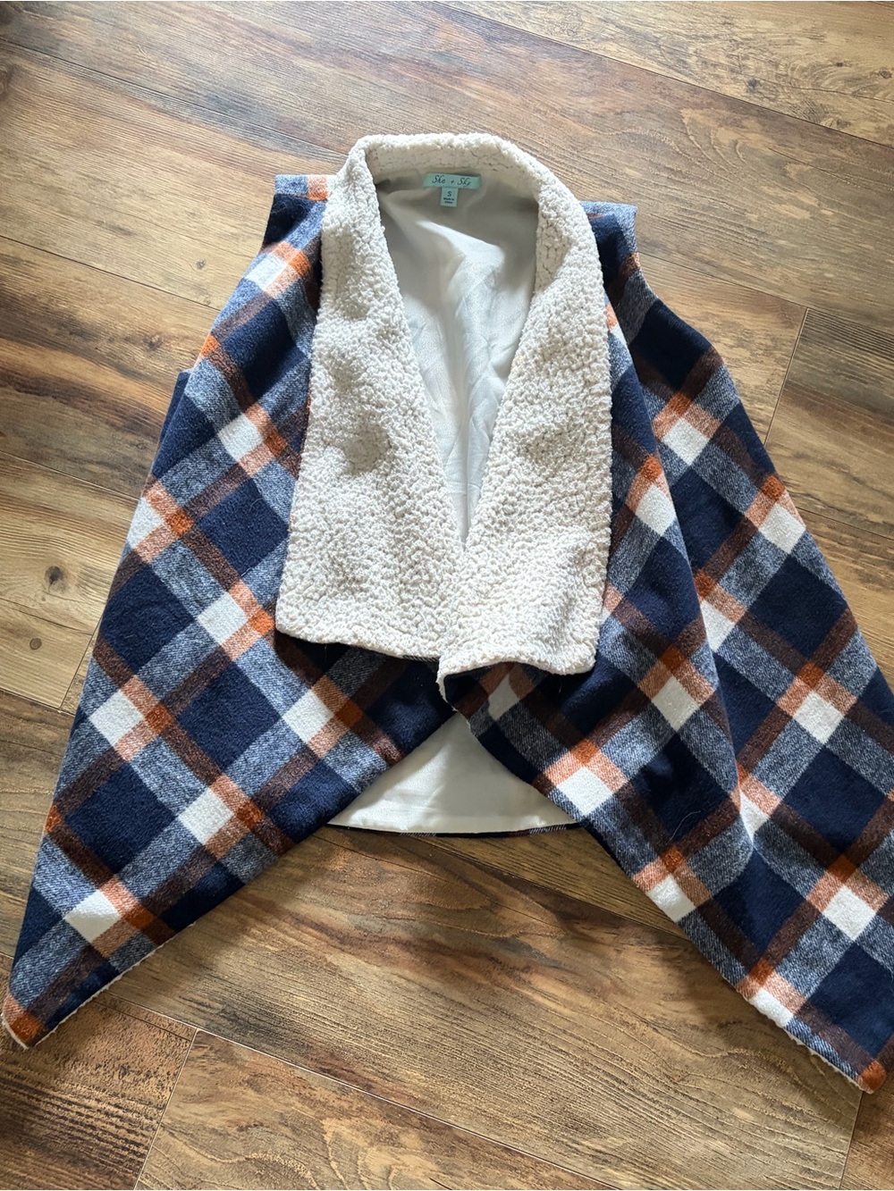 She + Sky Navy, Orange & Cream Plaid Sherpa Capelet